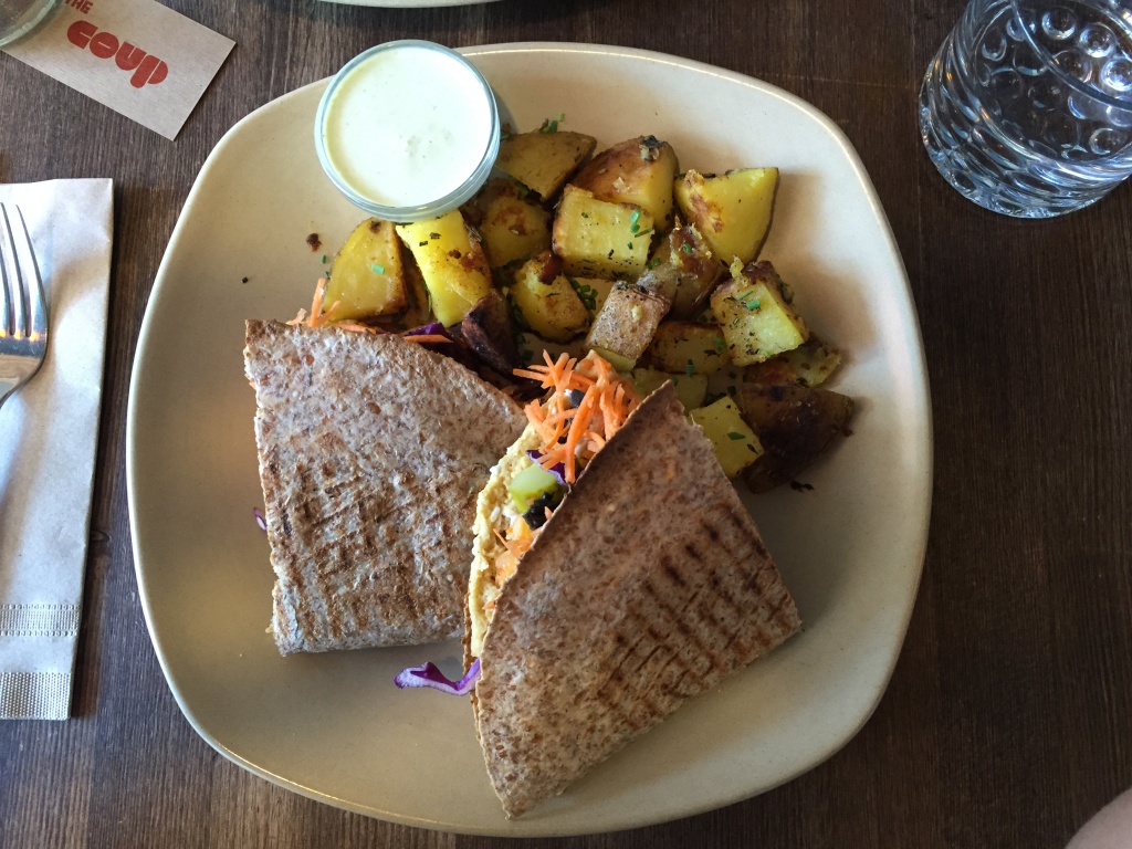 Falafel quesadillas with a side of potatoes.